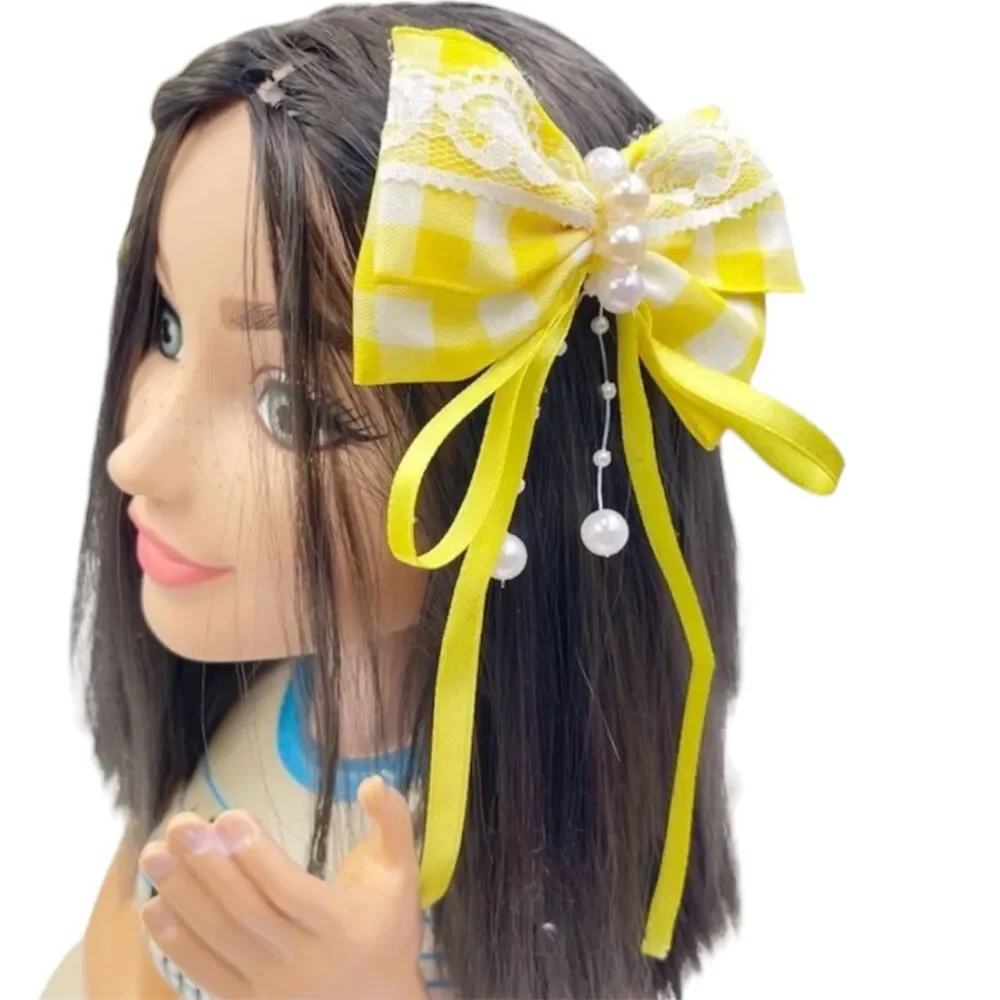 Hair Bow Clip Yellow Hairpin Wih Beads For Girls